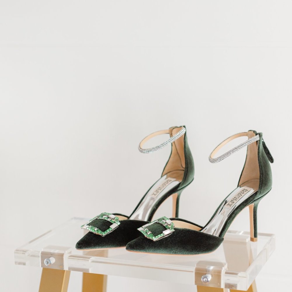 Badgley Mischka 5.5 Marlow Velvet Green Heels Emerald Ornament Stilettos - Picture 8 of 16